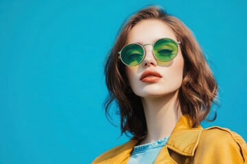 Woman wearing green sunglasses and yellow jacket image