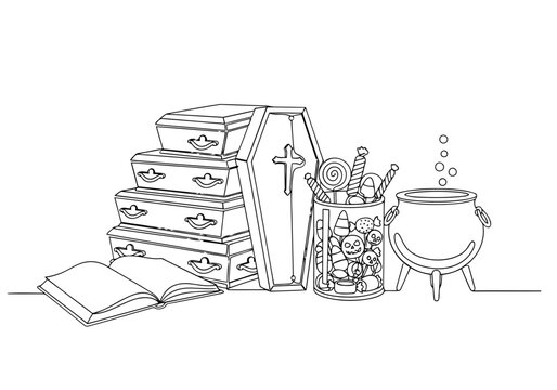 halloween scene: coffins, cauldron, candy, book clip art preview