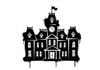 Vector art of a silhouette vector of a grand building with a clock tower and flag on top of the architecture