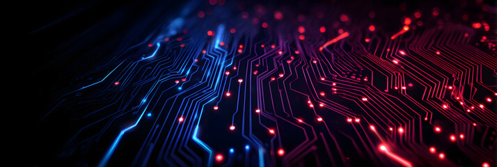 Abstract vector circuit board background with blue and red light effect on a dark purple background, a technology banner design for a website layout template Generative AI