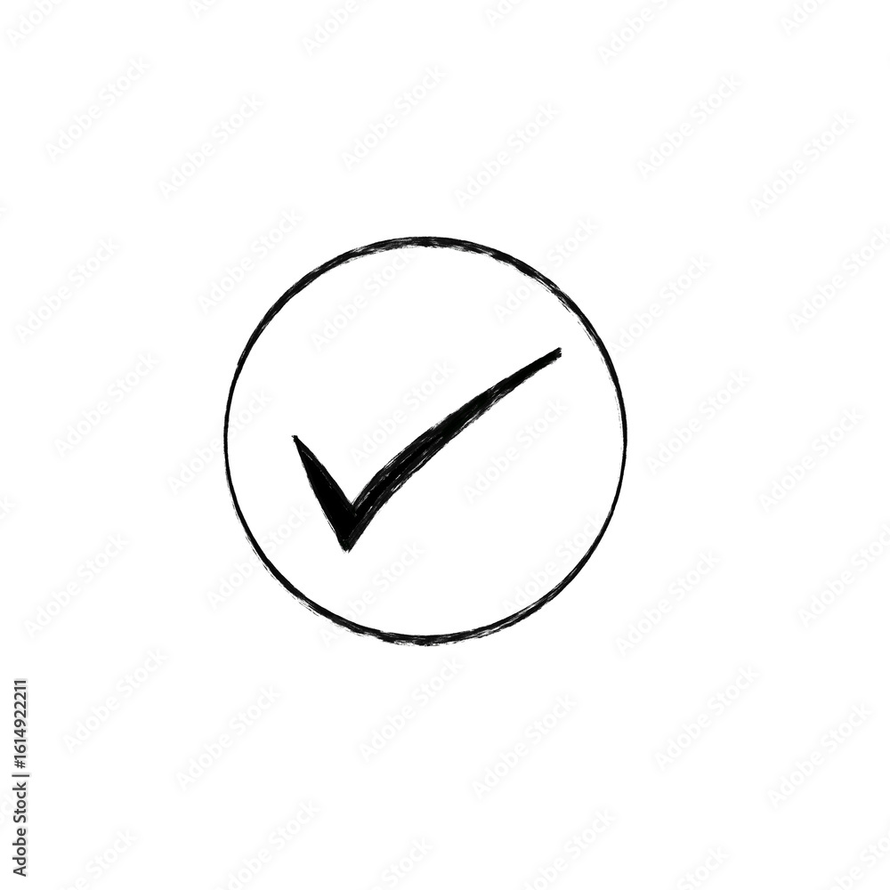 Poster artistic sketched check mark inside a circle, conveying completion and approval, isolated on transpa