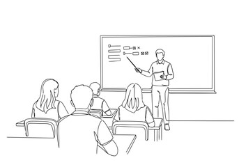Vector art of a teacher is giving a lecture to a group of students in a classroom using a whiteboard