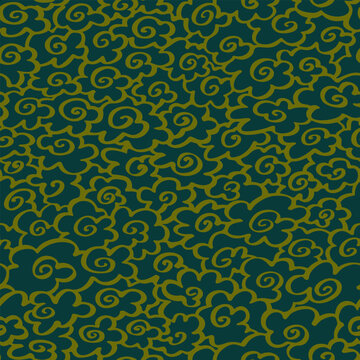 Seamless vector pattern with golden auspicious Asian clouds on dark green, ideal for fabric or book endpapers