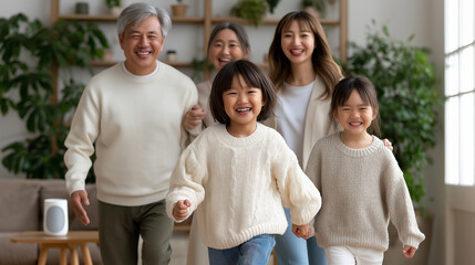 Happy Asian grandparents, parents, and children enjoying playful dancing and karaoke fun in a pastel-toned home interior with sunlight streaming through large windows and warm family ambiance