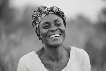 Black and white portrait of an African American woman in a traditional head wrap, laughing warmly in a sunlit village field. Her radiant smile and expressive face capture resilience, joy, and grace