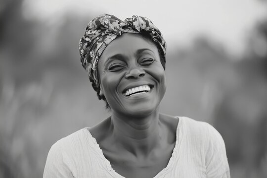Black and white portrait of an African American woman in a traditional head wrap, laughing warmly in a sunlit village field. Her radiant smile and expressive face capture resilience, joy, and grace