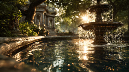 Tiered fountain sprays, bright sunburst through trees