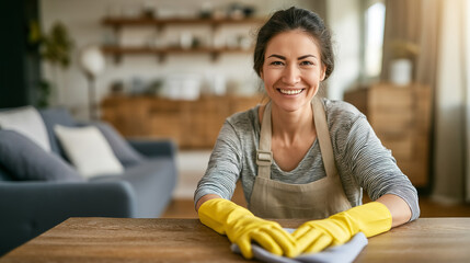 Cleaning Lady Wiping Down Family Photo on Desk at Home