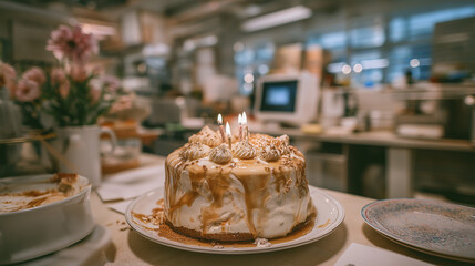 Office birthday cake with melted candles in quiet kitchen