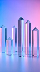 Abstract Composition Of Transparent Crystal Structures Lit With Neon Colors On Gradient Background