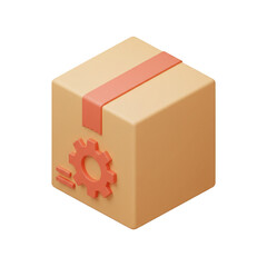 Obraz premium A stylized cardboard box with a gear symbol and tape detail suggesting processes or packaging on a dark background.