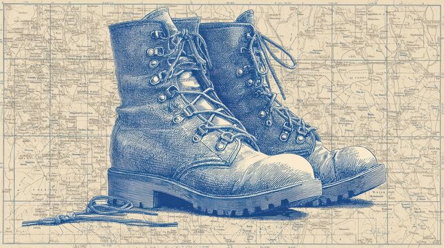 Detailed illustration of hiking boots against a vintage map background.