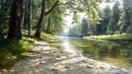 Obraz premium A Beautiful Painting of a Winding River Surrounded by Trees and Rocks in a Serene Landscape