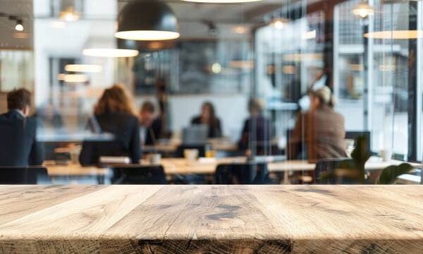 finance business office meeting background and empty table top for product display placement, blank wooden surface platform dais podium mockup for corporate showcase product presentation