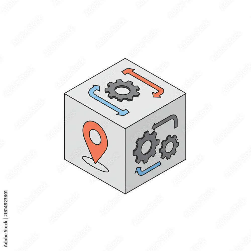 Poster a conceptual illustration depicting a cube with various icons representing processes and location wi