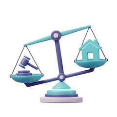 A balanced scale depicts the concept of property law with a gavel and a stylized house representing legal decisions.