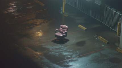 Discarded office chair near loading dock in the rain