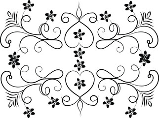 Elegant Floral Swirl Design with Hearts and Flowers in Black and White