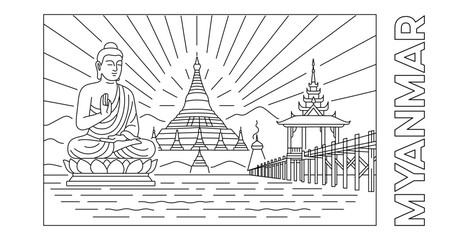 Myanmar line art illustration with Buddha statue, temples and pagodas