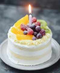 Small birthday cake with lit candle, topped with fresh fruits like raspberries, oranges, and kiwi, on gray plate
