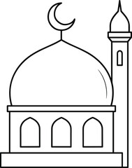 Minimalist mosque line drawing with dome, crescent moon, arched windows, and minaret, flat vector CAD-style Islamic illustration