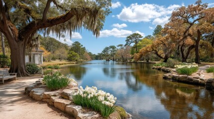 Embracing Serenity: A Peaceful Lake Scene with a Charming Bench Surrounded by Nature's Bounty