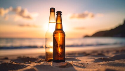 Two bottles, one clear and one amber, stand on a beach at sunset.  Golden light bathes the scene