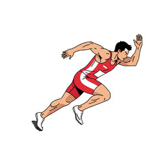 A focused sprinter in a red and white uniform takes off from the starting blocks with intense energy.