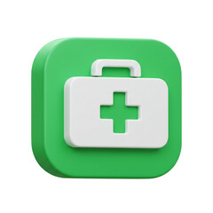A three-dimensional medical kit icon representing healthcare and emergency assistance with a simple cross design.