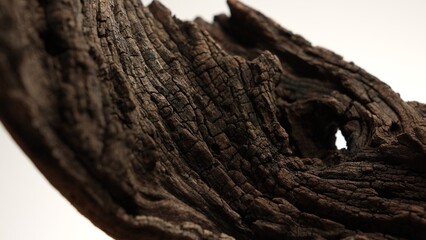 Weathered wood piece with sharp edges suspended on neutral white backdrop