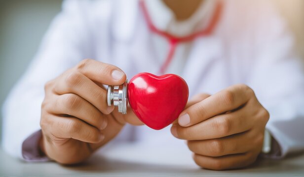 Doctor holding red heart with stethoscope in hands symbolizing heart healthcare and medical care concept