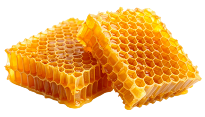 Golden honeycombs with rich, sticky texture and hexagonal structure, isolated on a transparent or white PNG background.
