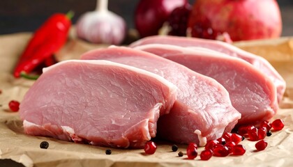 Raw pork chops on parchment paper with fresh ingredients