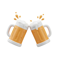 Two overflowing mugs of refreshing beverage clink together in a celebratory toast with foamy tops and splashing droplets.