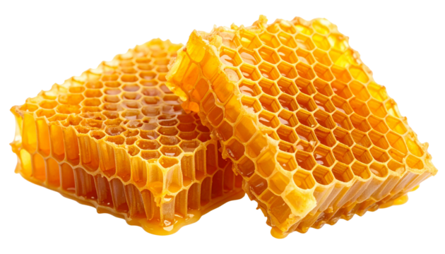 Golden honeycombs with rich, sticky texture and hexagonal structure, isolated on a transparent or white PNG background.