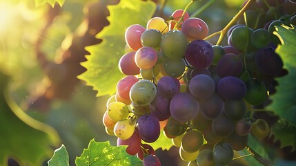 A close-up of a cluster of juicy grapes still on the vine with their vibrant green and purple hues shining under the sunlight against a backdrop of grape leaves