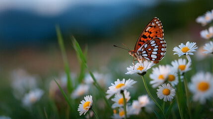 Enchanting close-up of fresh daisies and colorful meadow flowers in early morning mist, with soft natural lighting, sparkling dew, and a butterfly captured in flight above the blooming petals, nature 