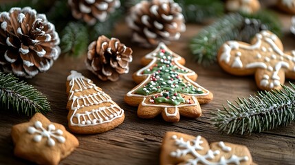 Traditional Christmas gingerbread cookies in the shape of Christmas trees and stars. Cookies for the holiday. New Year's decor. Wooden background with Christmas trees and shims