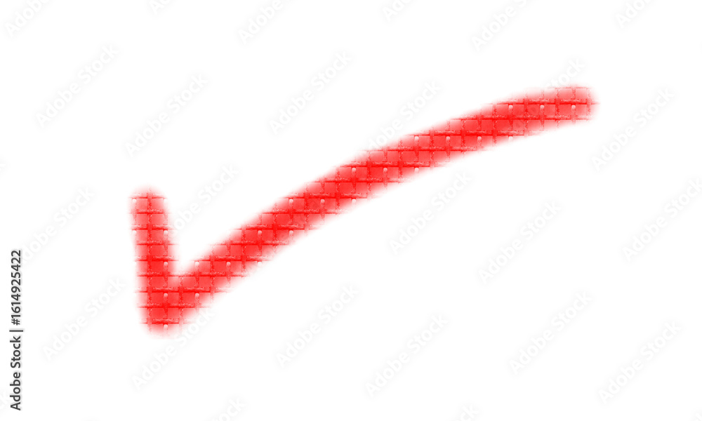 Poster stylized red check mark, textured with brick pattern to evoke reliability and robustness, on transpa