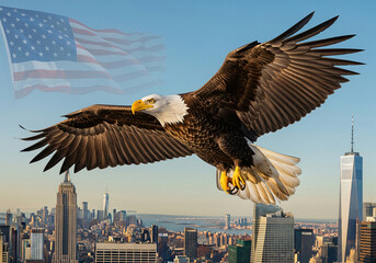 Majestic Bald Eagle Flying Over New York City Skyline with Faded American Flag. Generative Ai
