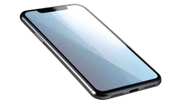 Sleek modern smartphone featuring a futuristic transparent screen, with realistic reflections and minimal bezel design, isolated on a transparent PNG background.