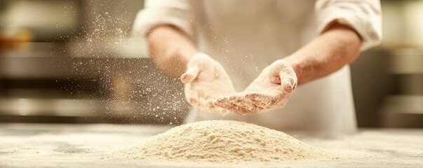 A person claps flour-covered hands above a mound of flour in a kitchen, creating a cloud of flour dust.