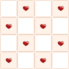 Seamless vector pattern with red hearts and squares. Geometric repeating gingham pattern with dots in nodes, pastel striped texture.