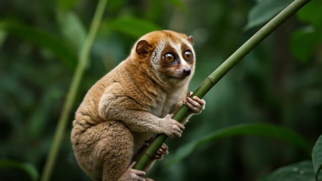 Adorable Philippine Tarsier Climbs Bamboo in Tropical Forest. AI video