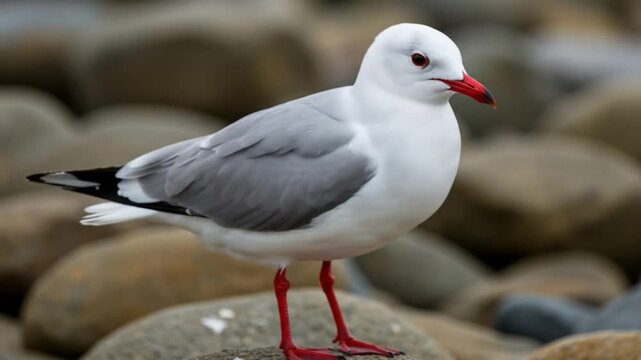 Beautiful Red billed Gulls Search for Food on the Rocky Shoreline. AI video