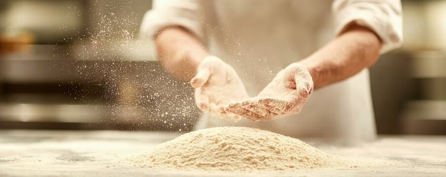 A person claps flour-covered hands above a mound of flour in a kitchen, creating a cloud of flour dust.
