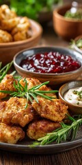 A Platter of Crispy Chicken Nuggets Garnished with Fresh Rosemary and Served with Dipping Sauces