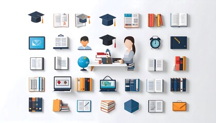 Flat-lay illustration of education; student at desk surrounded by books, stationery, and academic icons