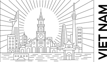 Fototapeta premium Black and White Line Art Illustration of Vietnam Cityscape with Landmarks