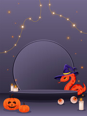 Halloween podium scene with red witch snake, glowing candles, eyeballs, pumpkins, and star garland. Platform for product display. Vector